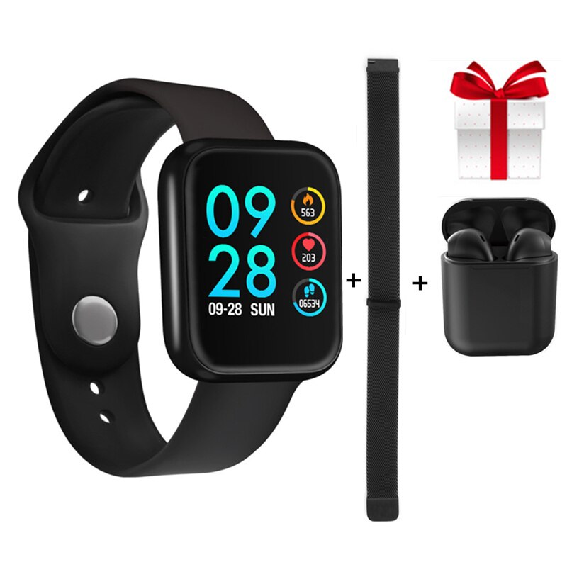Smart ur p70+ øretelefon + rem / sæt vandtæt ip68 smartwatch p70 pro sports fitness tracker puls blodtryk vs b57: Sort smartwatch