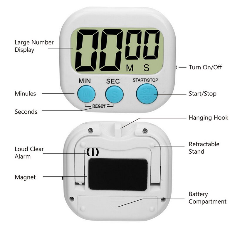 Digital Screen Kitchen Timer Large Display Digital Timer Square Cooking Count Up Countdown Alarm Clock Sleep Stopwatch Clock