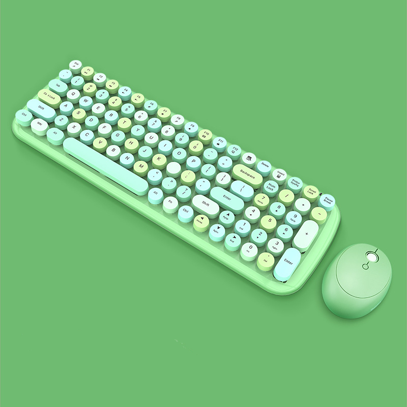 Kit de clavier et souris sans fil 2.4G pour filles, rétro, Vintage, 84 touches rondes colorées, Orange, rose, bleu, vert, pour ordinateur portable,: green-100 keys