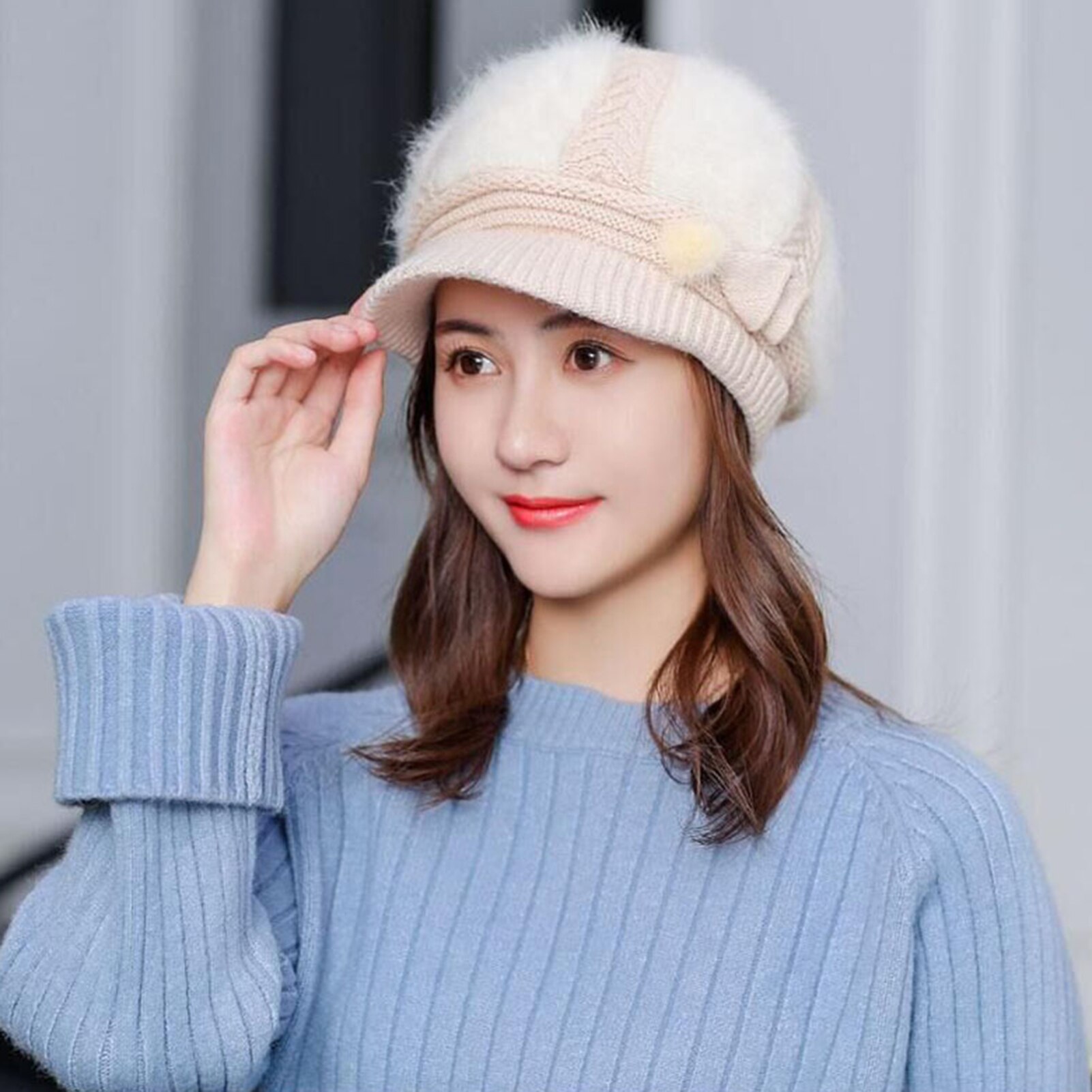 Winter dames gebreide baret muts met klep verguld roze wijnrood warme zachte effen muts dames imitatiebont muts