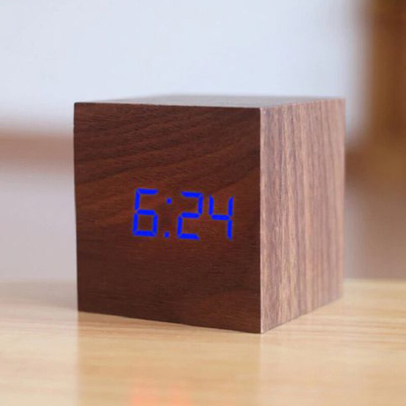 1PC Modern Wooden Cube USB Voice Digital Alarm Clock Digital Alarm LED Display Despertador Luminous Control Clock: 15
