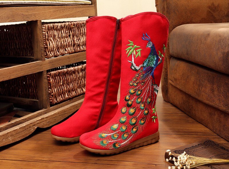Veowalk Herfst Oude Beijing Pauw Pailletten Katoen Geborduurde Vrouw Casual Mid Laarzen Dames Platform Canvas Schoenen Botas Mujer: Rood / 5