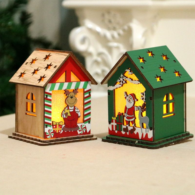 Casa de madera LED Chalet muñeco de nieve decoración de Navidad ciervo adorno de Papá Noel F