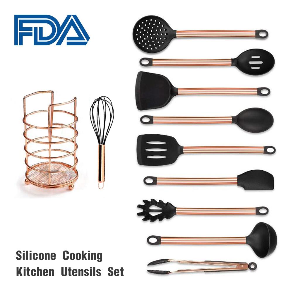 11PCs Silicone Cooking Utensils Set Non-stick Spatula Shovel Copper Plated Handle Cooking Tools Set Kitchen Tools Kitchenware: Default Title