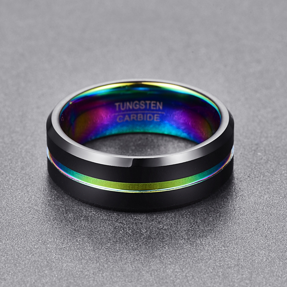 8MM Wide Black Matte Plating Colorful Slotted Tungsten Steel Ring Anniversary Tungsten Rings for Men&#39;s Jewelry