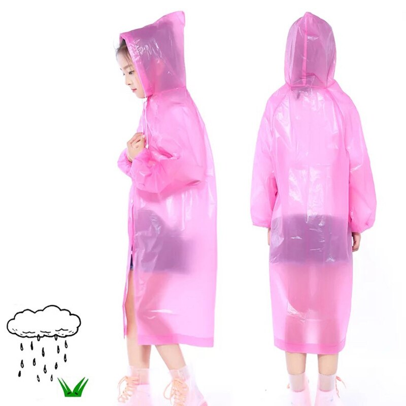 Transparent Kids Hooded Raincoat for Children Plastic Rain Coat Cover Waterproof Poncho Rainwear Camping impermeable: Pink