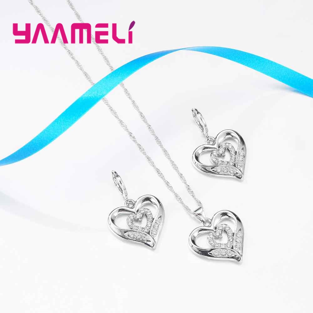 Romantische Stil Doppel Liebe bilden Valentinstag Hochzeit Souvenir 925 Sterling Silber Für Frauen Halskette Ohrringe einstellen