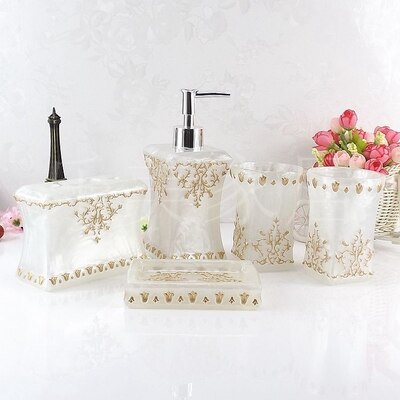 Beautiful butterfly floral 5PCS Resin Bathroom Accessories Set Soap Dispenser/Toothbrush Holder/Tumbler/Soap Dish white