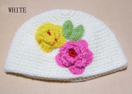 Crochet Handmade Wool Baby Kids Child Two Flower Cap Hat Cute WMZ-1007: White