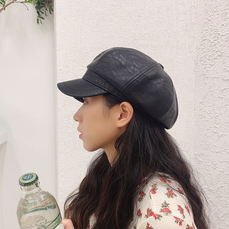 Solide PU cuir octogonal chapeaux pour femmes automne hiver angleterre rétro gavroche casquettes femme peintre casquettes décontracté visières chapeau