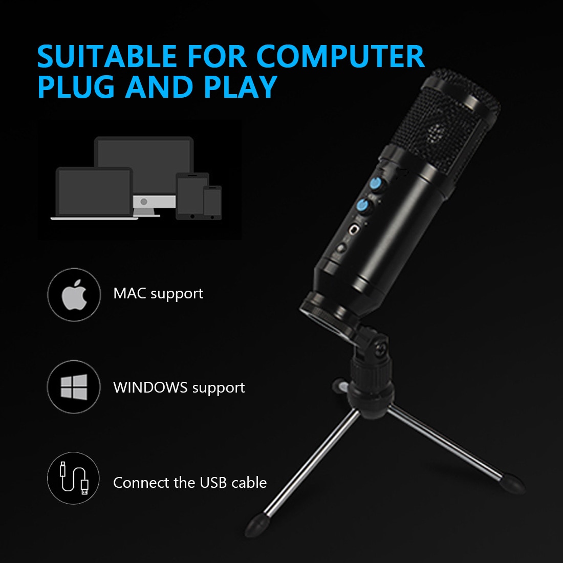 Metal USB Condenser Recording Microphone For Laptop MAC Windows Cardioid Studio Recording Vocals Voice Over With Shock Mount