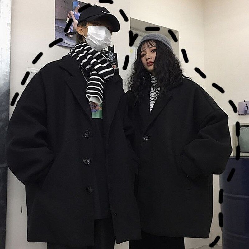 Blends Womens Coat Black Solid Casual Thicken Aesthetic Korean Style Couple Loose Leisure Female Harajuku Trendy Simple Wool