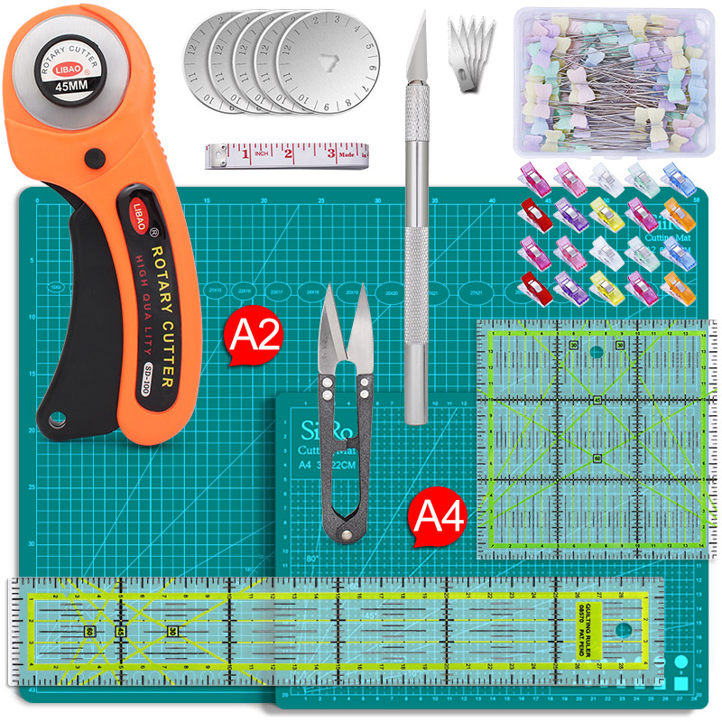Rotary Cutters Set with Cutting Mat Patchwork Ruler Carving Knife Kit for Fabric Paper Leather Crop Sewing Scissors and Quilting
