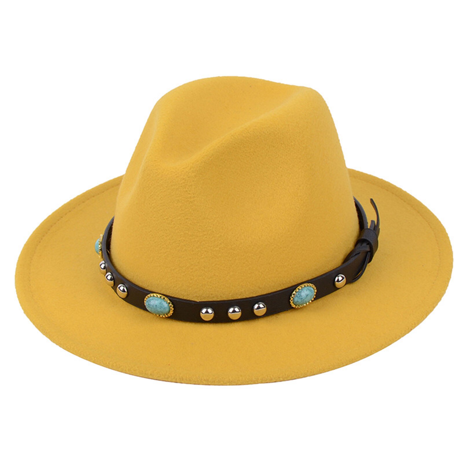 Sombrero de fieltro Vintage estilo inglés para hombre y mujer, Fedora de fieltro de lujo, hebilla de cinturón ancha, gorros con visera vaquera, sombrero de Jazz: YELLOW