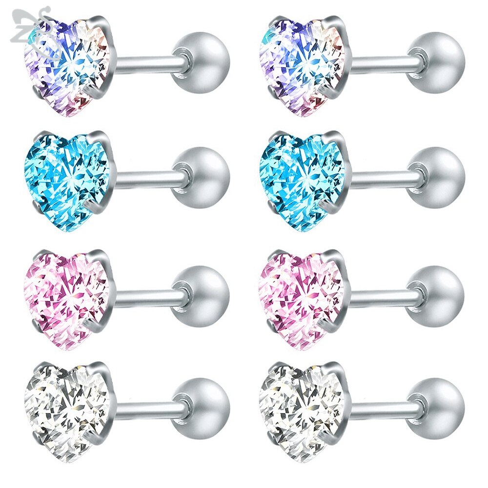 Zs 4 Pairs 3-8Mm Glanzende Zirconia Stud Oorbel Set 316L Rvs Oorstekers Oor Tragus helix Schelp Kraakbeen Piercings: Heart / 8mm