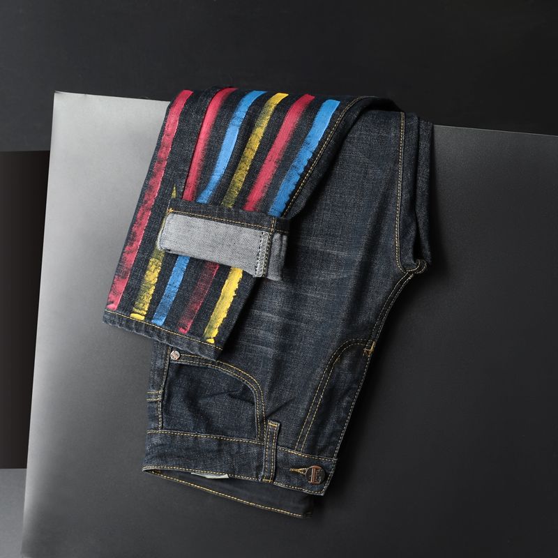 Kleur Strepen Jeans Mannen Elastische Kracht Punk Nachtclub Persoonlijkheid Straight Gedrukt Jean Man Trendy Gekleurde Tekening Denim Broek