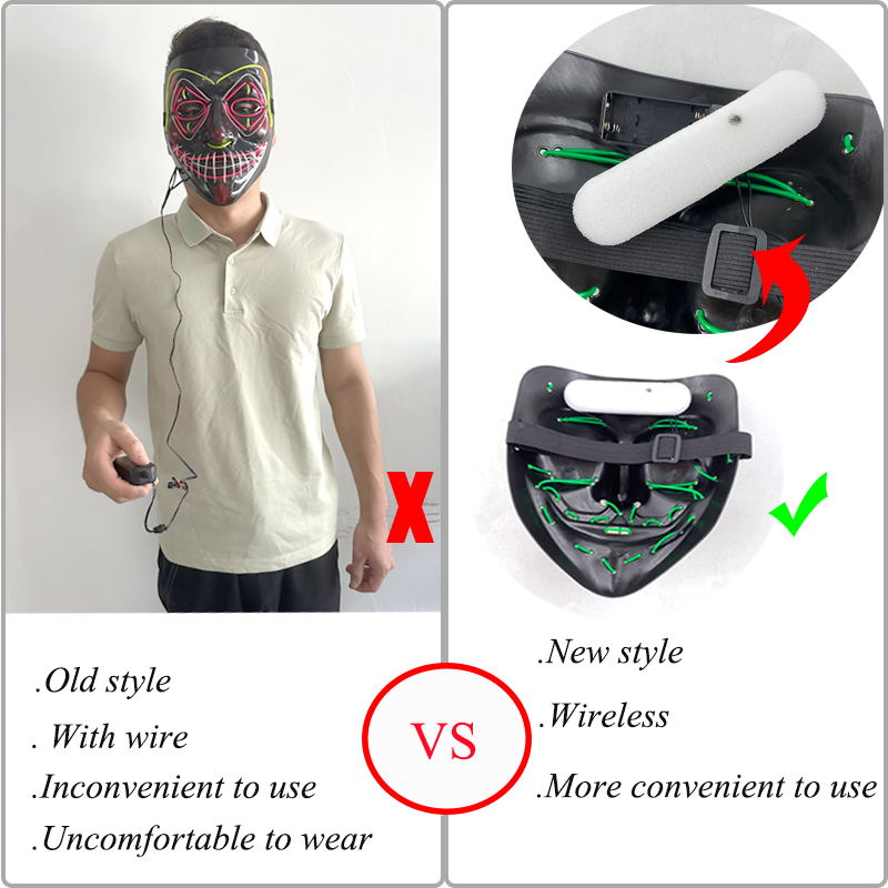 Masque facial effrayant et brillant pour Halloween, couleurs mélangées sans fil, masque de Purge LED lumineux, masque lumineux d'horreur, accessoires de Cosplay pour adultes, Costume