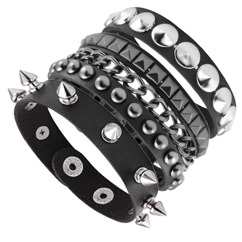 3PCS/Set Black Goth Emo Boho Bracelets For Men Women Punk Gothic Spike Rivets PU Leather Bracelet Bangles Party Jewelry: Hot Stamping