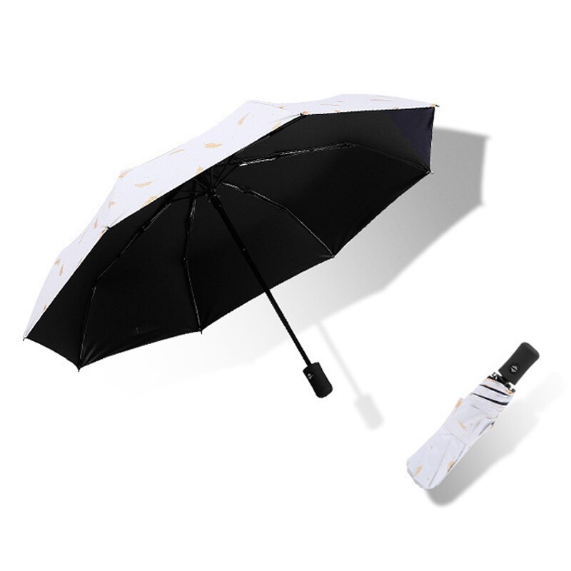 Hvid sort fjer mønster automatisk åbning og lukning af 3 sammenklappelig paraply solbeskyttelse / regnbeskyttelse stærk og holdbar: Hvid
