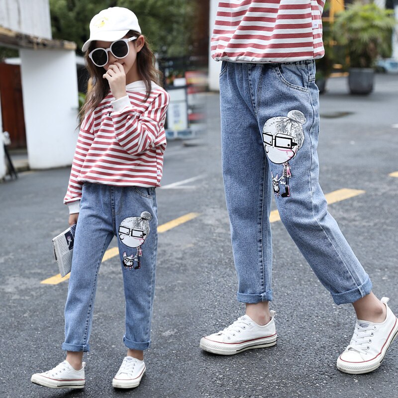 Pantalones vaqueros para niños y niñas de dibujos animados, ropa para bebés, monos de primavera y otoño para niños grandes, pantalones vaqueros azul holgado para adolescentes de algodón 3-13T