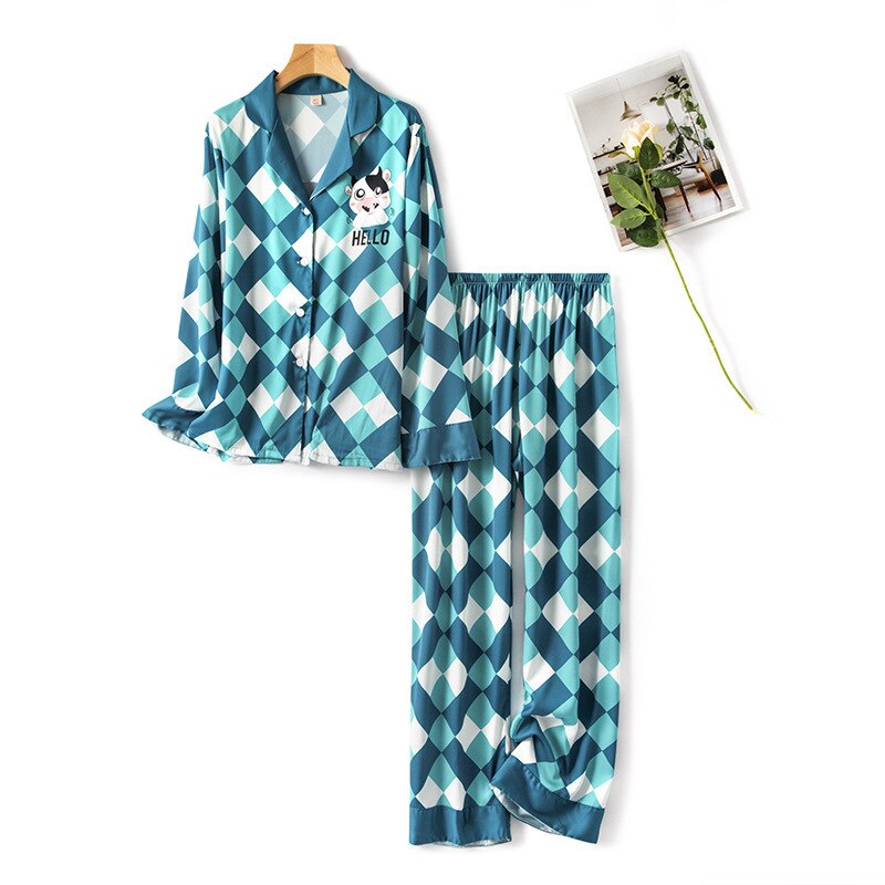 Spring and summer ice and snow silk ladies cartoon pajamas set women: Cyan-blue / XL