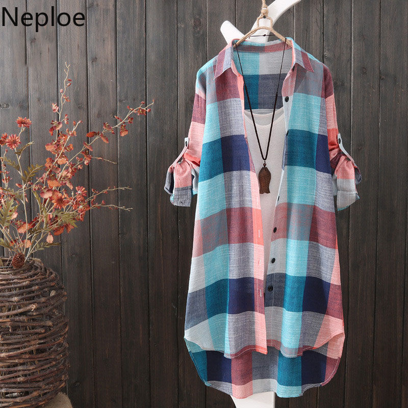 Neploe koreansk sommer solcreme bluse frakke plaid stribet langærmet skjorte mellemlang løs blusas top 4 a 893