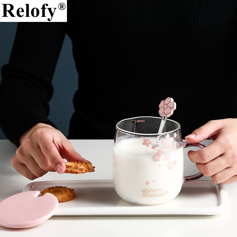 Taza de café de cristal con flor de cerezo, vaso con cuchara, amantes de la personalidad, para café, zumo, té, desayuno, utensilio para bebidas, 500ml