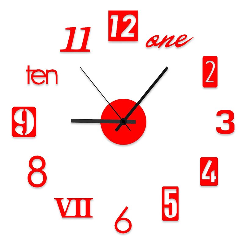 Mini 3D Acrylic Wall Clock Self Adhesive Wall Clock Silent Clock DIY Mirror Stickers Hanging Watch Background Wall Home Decor: B-Red