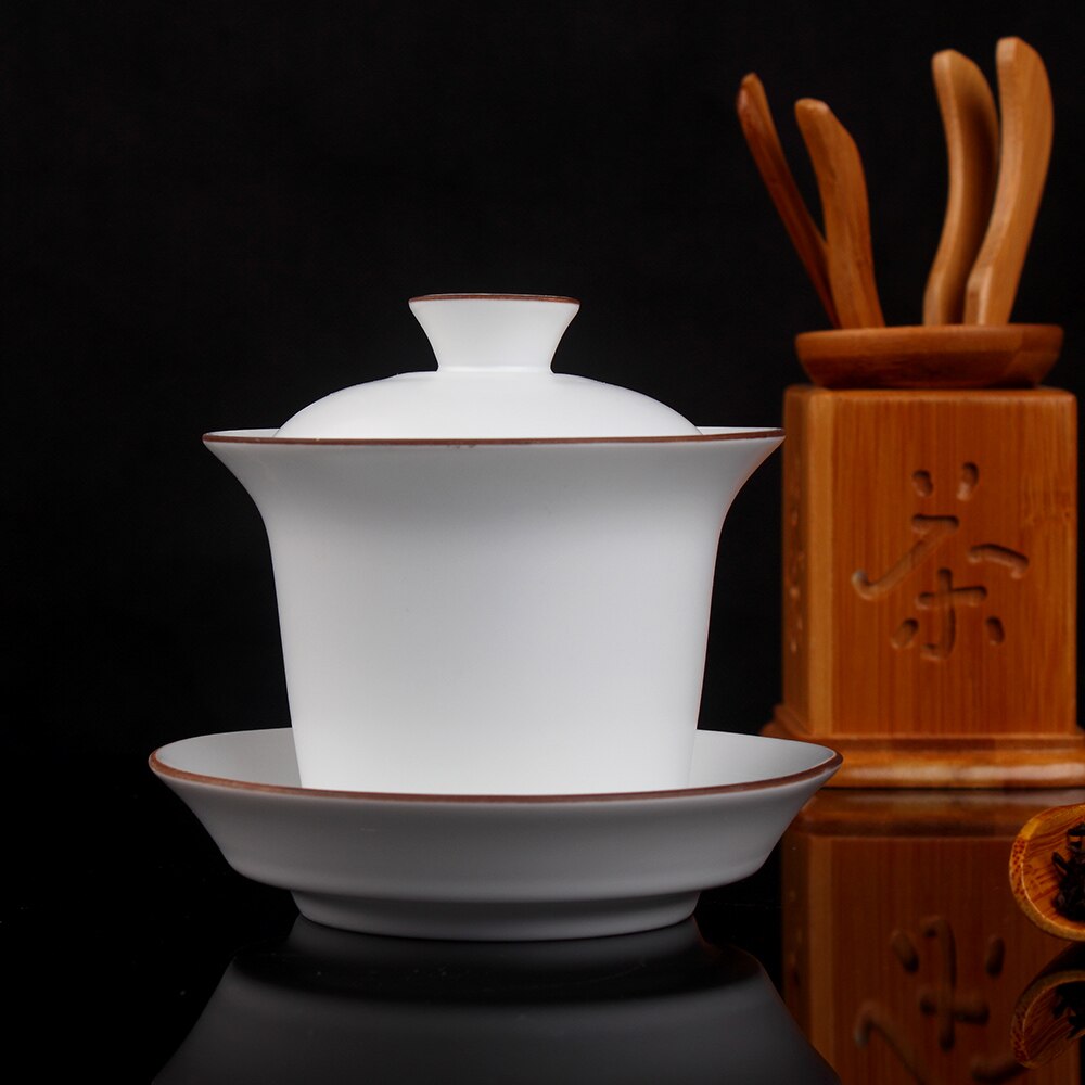 Jingdezhen ding ovn mat hvid bryn kant hvid keramik gaiwan gongfu te brygning tekop gaiwan 160ml keramisk terrin tre skål
