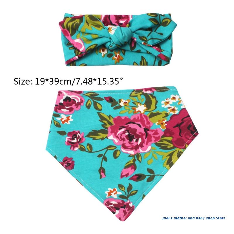 67JC 2 Pcs Babyvoeding Kwijl Bib Hoofdband Set Double Side Bloemenprint Slabbetjes Haar Band Kit Speeksel Handdoek Zacht puur Katoen