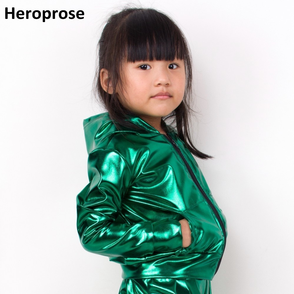 Spring Autumn Kids Green With Pockets bomber Jacket Stage Performance Wear paillette feminina casaco Hip Hop dance coat