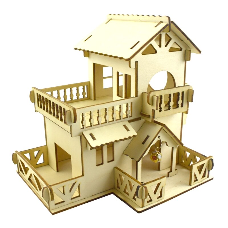 Hamster Hideout Wooden Hut Small Animals Double Layer Villa Rat Room House Cage: B