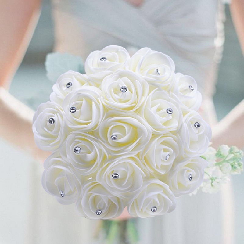 20Pcs 5Cm Pe Foam Rozen Met Faux Diamond Kunstbloemen Diy Wedding Bridal Bonquet Decoratie Handgemaakte Bloemen Krans
