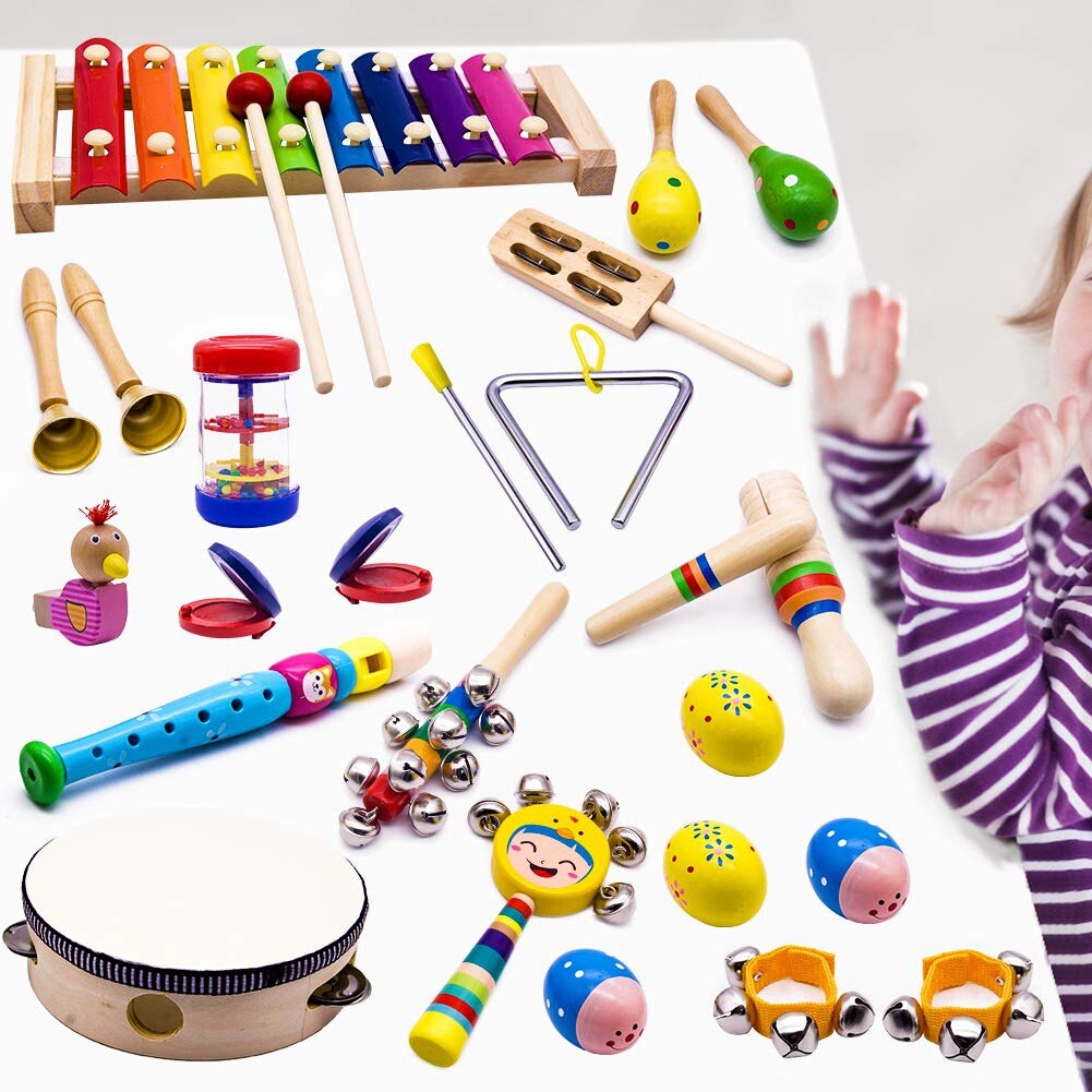 Børn musikinstrumenter , 15 typer 23 stk træ percussion xylofon legetøj til drenge og piger førskoleundervisning med opbevaringstaske