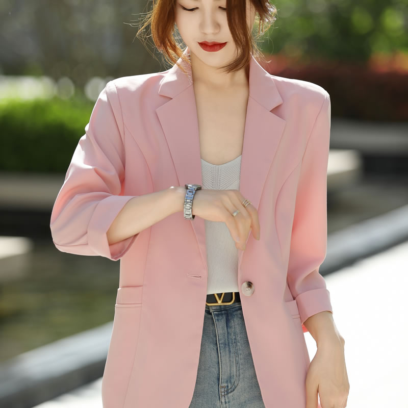 Lente En Zomer Nieuw Casual Klein Pak Voor Dames Trendy Westerse Stijl Driekwart Mouw Gesp Jas Dun En Comfortabele Top: L / Roze