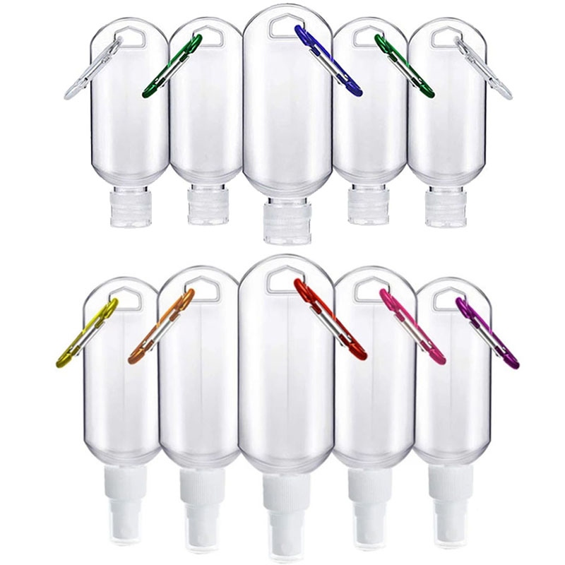 Bouteille vide de voyage désinfectant pour les mains, 30ml 50ml, support de taille, crochet, porte-clés, capuchon rabattable, bouteilles vides portables réutilisables, 5 pièces