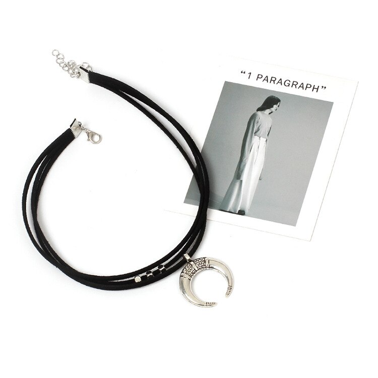 Colar da lua do punk para as mulheres vintage espanhol chifre de touro crescente chocker moda 3 camadas de veludo preto gargantilha colar
