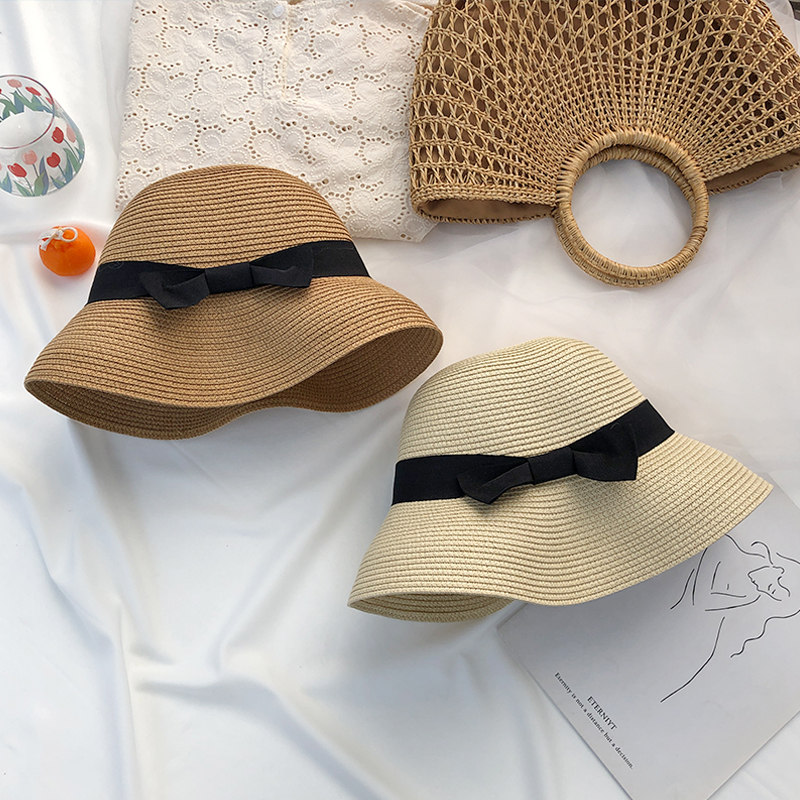 Hepburn-Sombrero de sol con lazo para mujer, sombrero de paja, sombrero de cubo, protector solar de color, sombrero de playa,