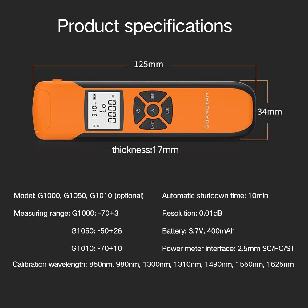 G1000/G1050/G1010 Portable Lightweight Optical Power Meter High Accurancy Rechargeable Mini Optic Power Meter 7 Wavelengthes