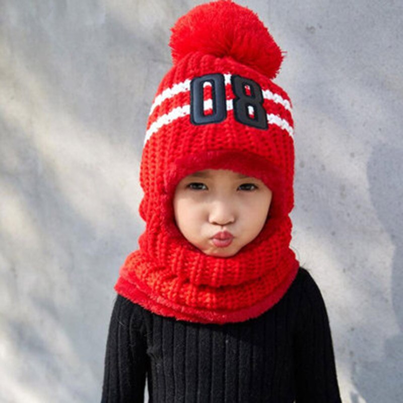 Vinterstrikket hat til piger varme beanies skullies skihue med aftagelige briller til børns udendørs sportshue: Barn rød