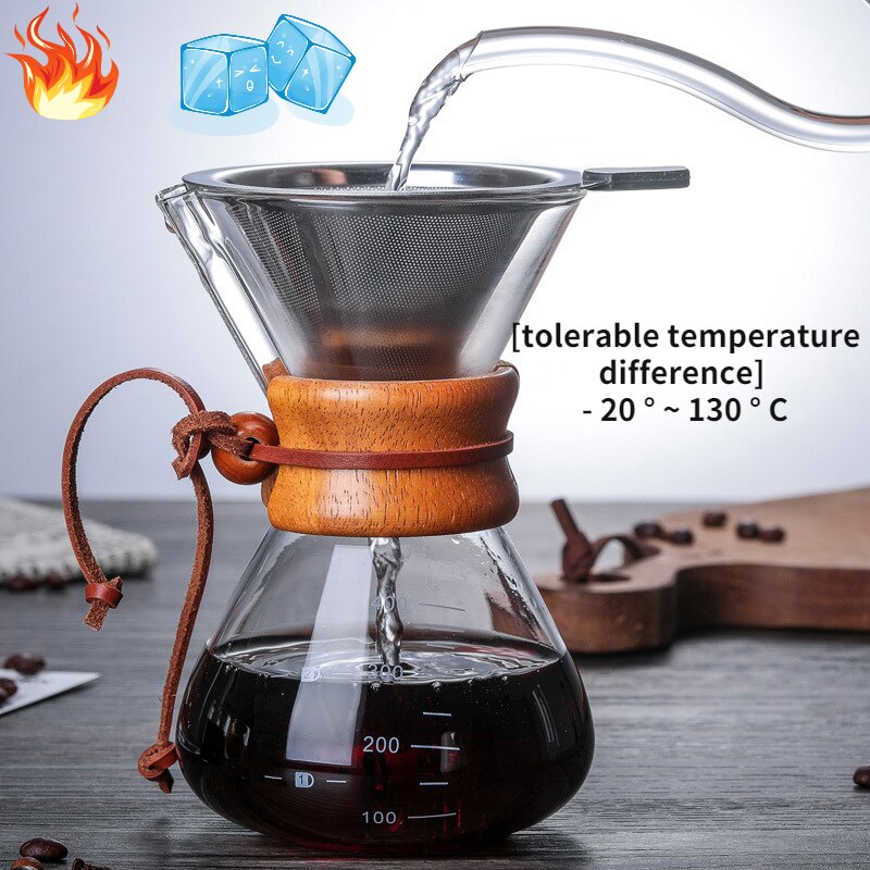 Olla de vidrio para café hecha a mano resistente al calor, juego de filtros para compartir mango de madera, adecuado para el hogar y la Oficina, 400/600/800ML