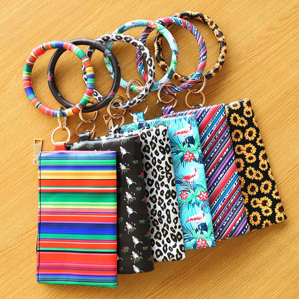 Multi-purpose PU Leather Flower Leopard Printed Phone Wallet O Key Rings Women Wristlet Bracelets Key Chain Key Case 11cm