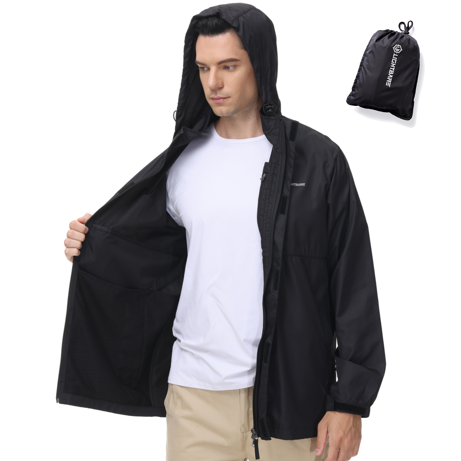 Bassdash Lightbare Series Men’s Lightweight Water Resistant Raincoat Ripstop Packable Breathable Hooded Windbreaker Jacket LB02M: Black / XX-Large