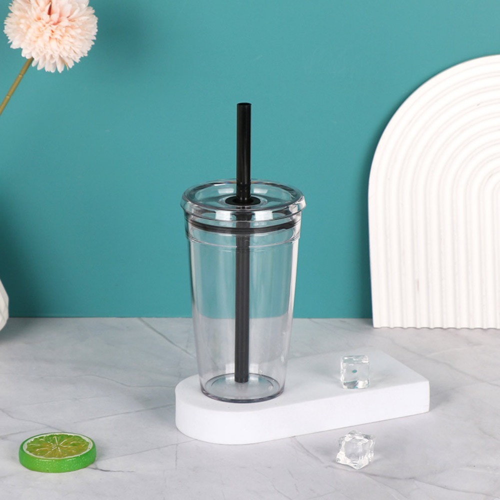 Taza con pajita portátil de 450ml, vaso transparente de una sola capa para beber, vaso de plástico reutilizable para coche, hogar: Azul cielo