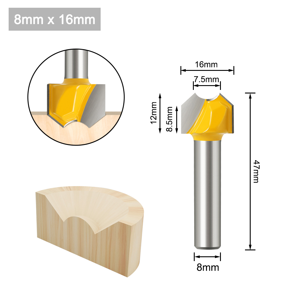 8mm Shank Grade Double Arc Ball Bit Round Over Router Bits Woodworking Engraving Cutter: 8X16
