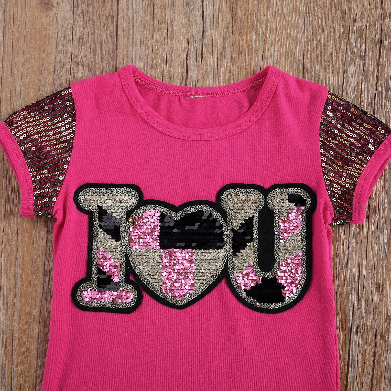 Valentine Kinderen Twee Delige Set, baby Meisjes Pailletten Kleuraanpassing Korte Mouwen Ronde Hals Shirt Baby 'S Shorts Pak 2-7T