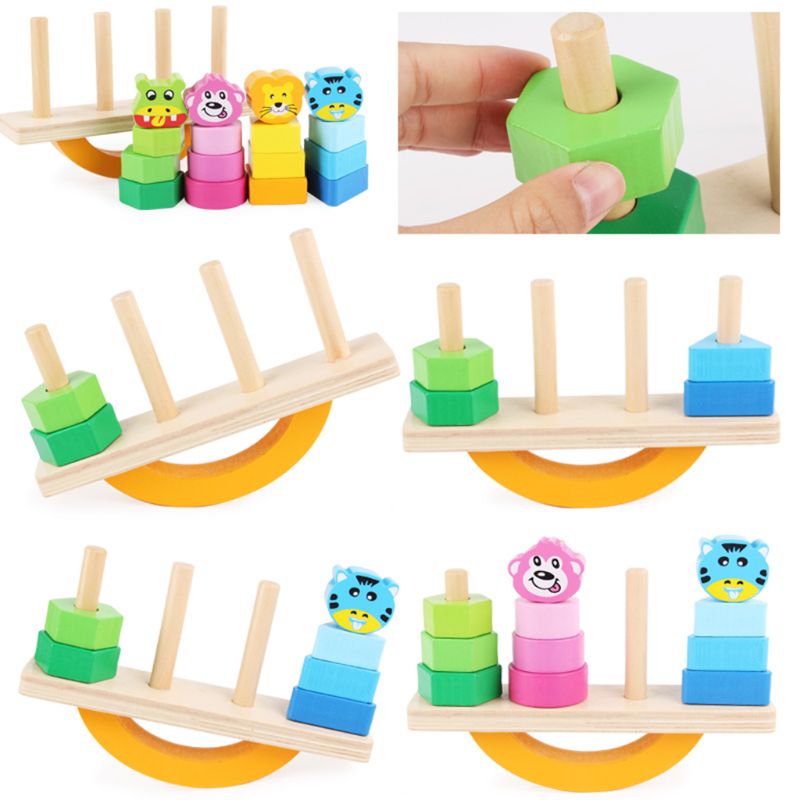 Wooden Animal Cartoon Balance Beam Game Toy Stacking Geometric Block Tower Kids Educational Puzzle Toys