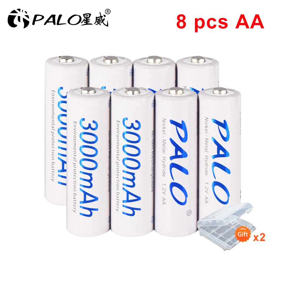 PALO 4/8/12/16pcs AA Battery Ni-MH 3000mAh 1.2V AA Rechargeable Batteries AA Bateria Baterias + 2pcs Battery Hold Case Boxes: 8pcs AA white