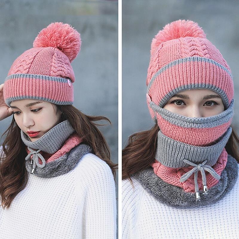 Gebreide wollen muts gebreide muts dames sportkleding plus fluweel 3 stuks/set masker sjaal set winddicht paardrijden warme buitenactiviteiten: Roze