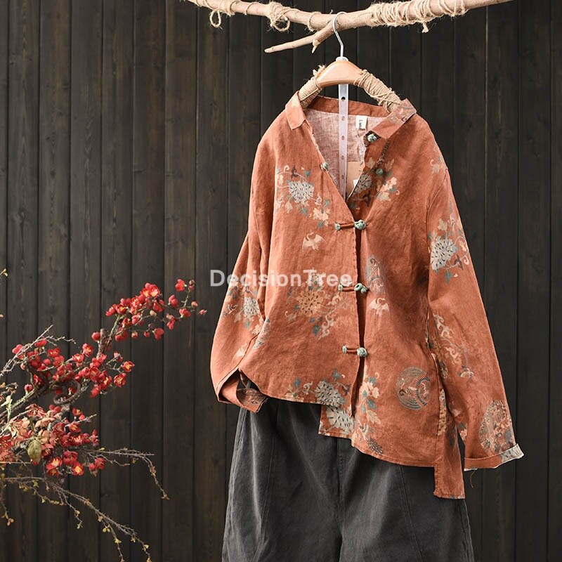 2022 woman traditional chinese clothing top retro flower print hanfu top women tops oriental tang suit chinese blouse: color3